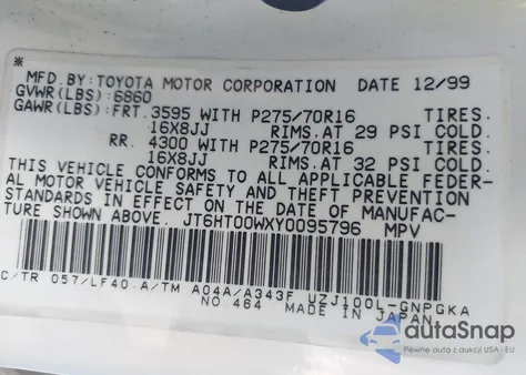 2000 Lexus Lx 470 z USA, uszkodzony, nr VIN JT6HT00WXY0095796